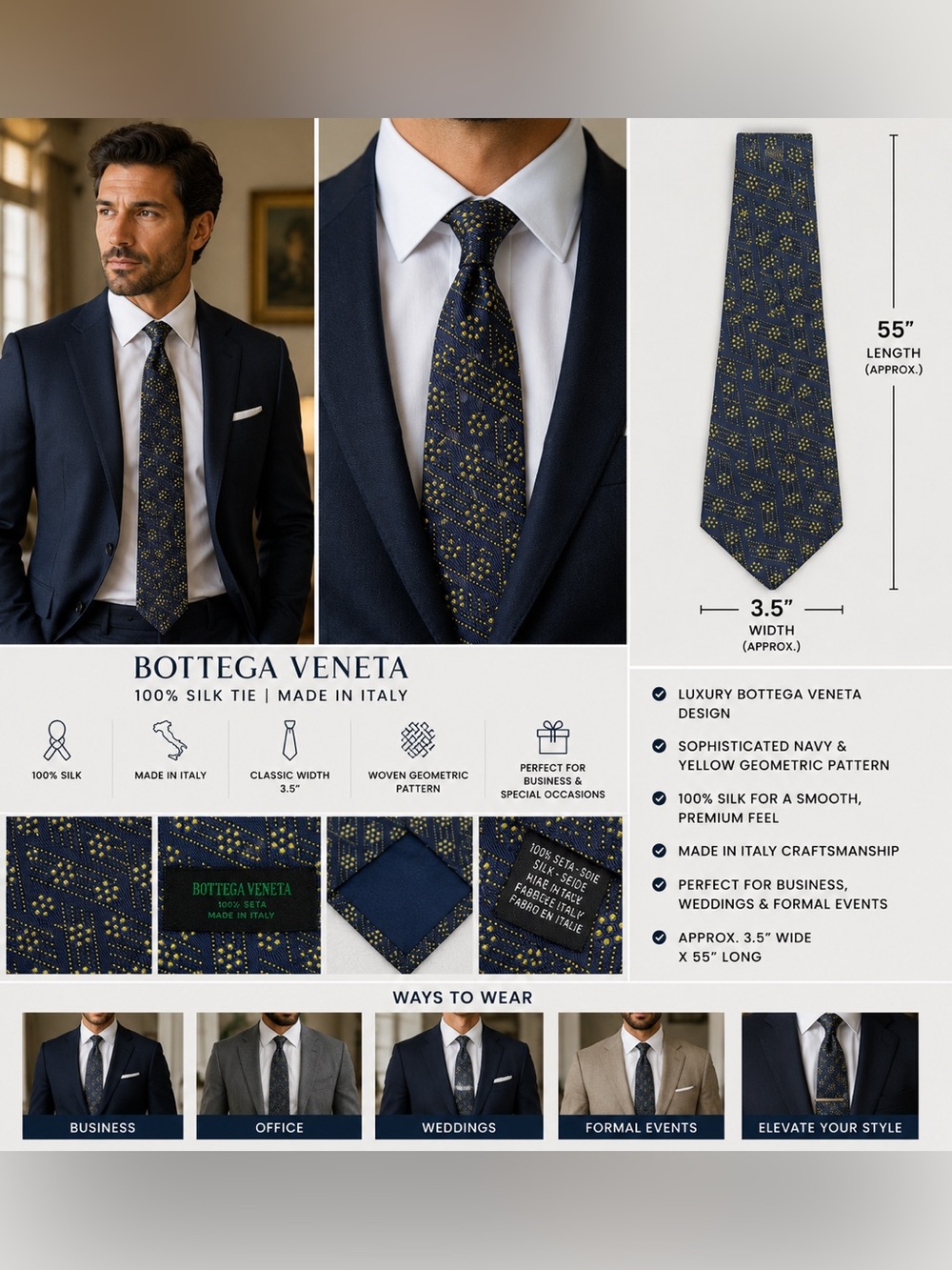 Bottega Veneta 100% Silk Geometric Tie Navy Yellow Made in Italy Luxury 3.5" x 5
